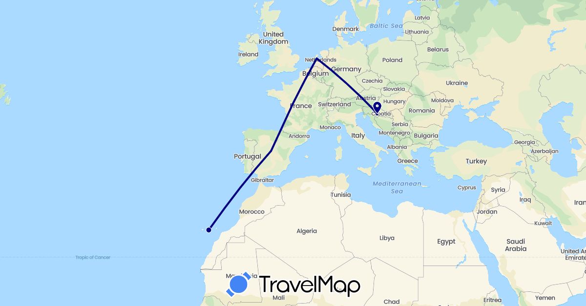 TravelMap itinerary: driving in Spain, Croatia, Netherlands (Europe)